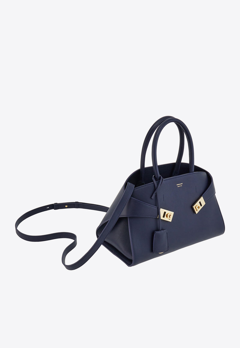 Ferragamo Medium Hug Leather Top Handle Bag Midnight Blue 215608 HUG TH S 766762 MIDNIGHT