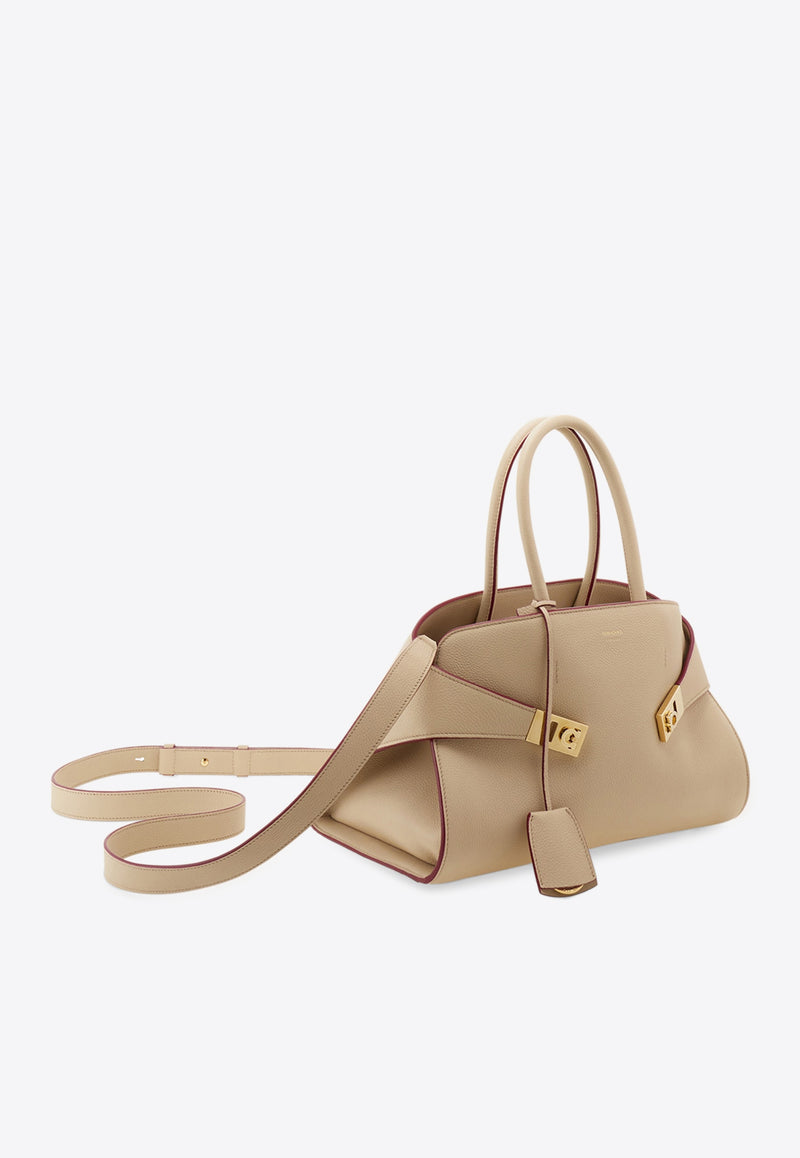 Ferragamo Medium Hug Leather Top Handle Bag Beige 215608 HUG TH S 779053 STONE