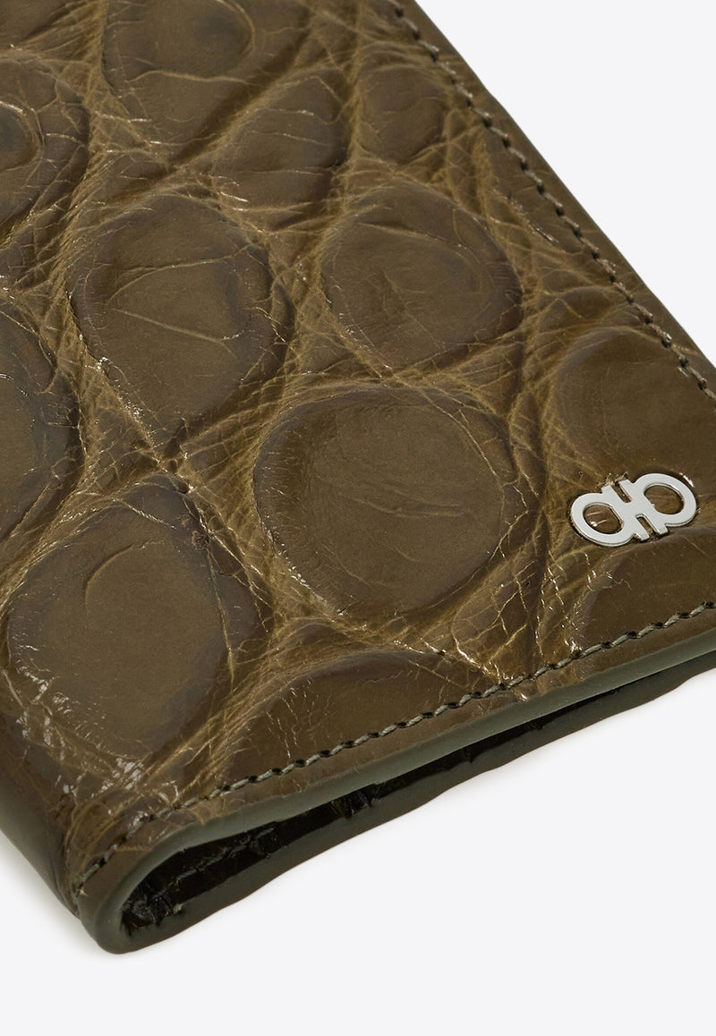 Ferragamo Gancini Croc-Embossed Leather Cardholder Green 661452 MICRO GANCIO 779916 NEW OLIVE