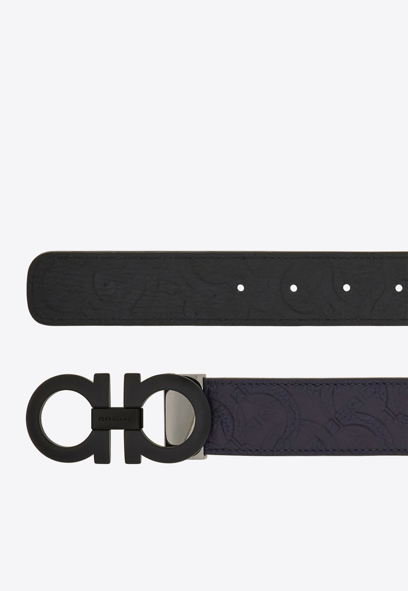 Ferragamo Reversible Embossed Gancini Leather Belt Midnight Blue 675542 DOUBLE ADJUS 780047 MIDNIGHT