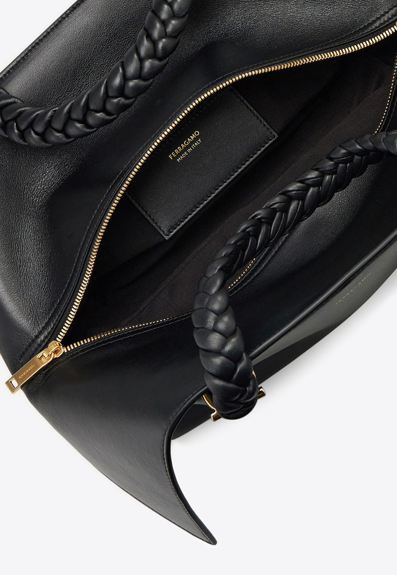 Ferragamo Medium Folded Leather Top Handle Bag Black 219865 SCARF TH S 781029 NERO