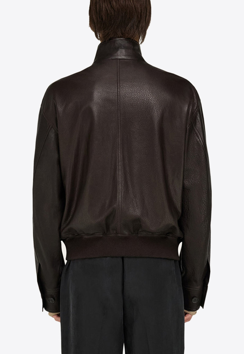 Ferragamo High-Neck Grained Leather Jacket Dark Brown 144494 B 783255 DARK BROWN