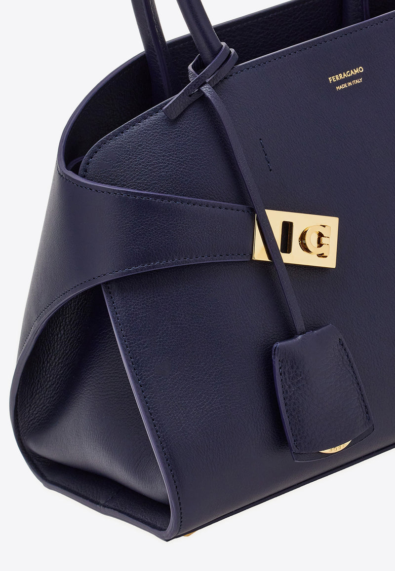 Ferragamo Medium Hug Leather Top Handle Bag Midnight Blue 215608 HUG TH S 766762 MIDNIGHT