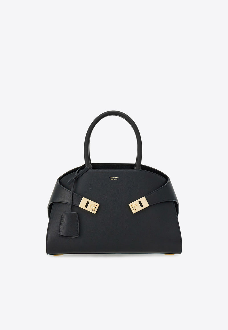 Ferragamo Medium Hug Leather Top Handle Bag Black 215608 HUG TH S 766758 NERO