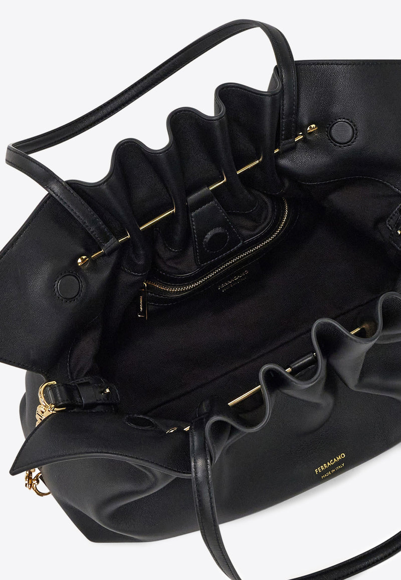 Ferragamo Medium Pleated Nappa Leather Shoulder Bag Black 219960 SOFT SH M 783286 NERO