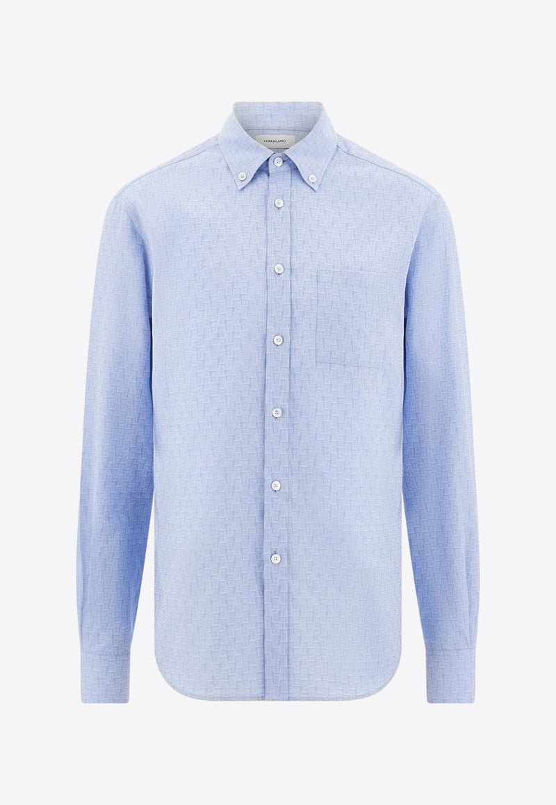 Ferragamo Monogram Jacquard Button-Up Shirt Light Blue 144352 C 780414 OXFORD BLUE