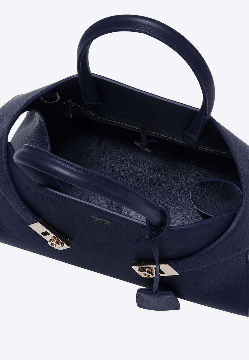 Ferragamo Medium Hug Leather Top Handle Bag Midnight Blue 215608 HUG TH S 766762 MIDNIGHT