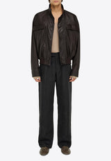 Ferragamo High-Neck Grained Leather Jacket Dark Brown 144494 B 783255 DARK BROWN