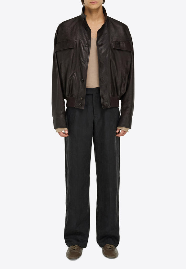 Ferragamo High-Neck Grained Leather Jacket Dark Brown 144494 B 783255 DARK BROWN