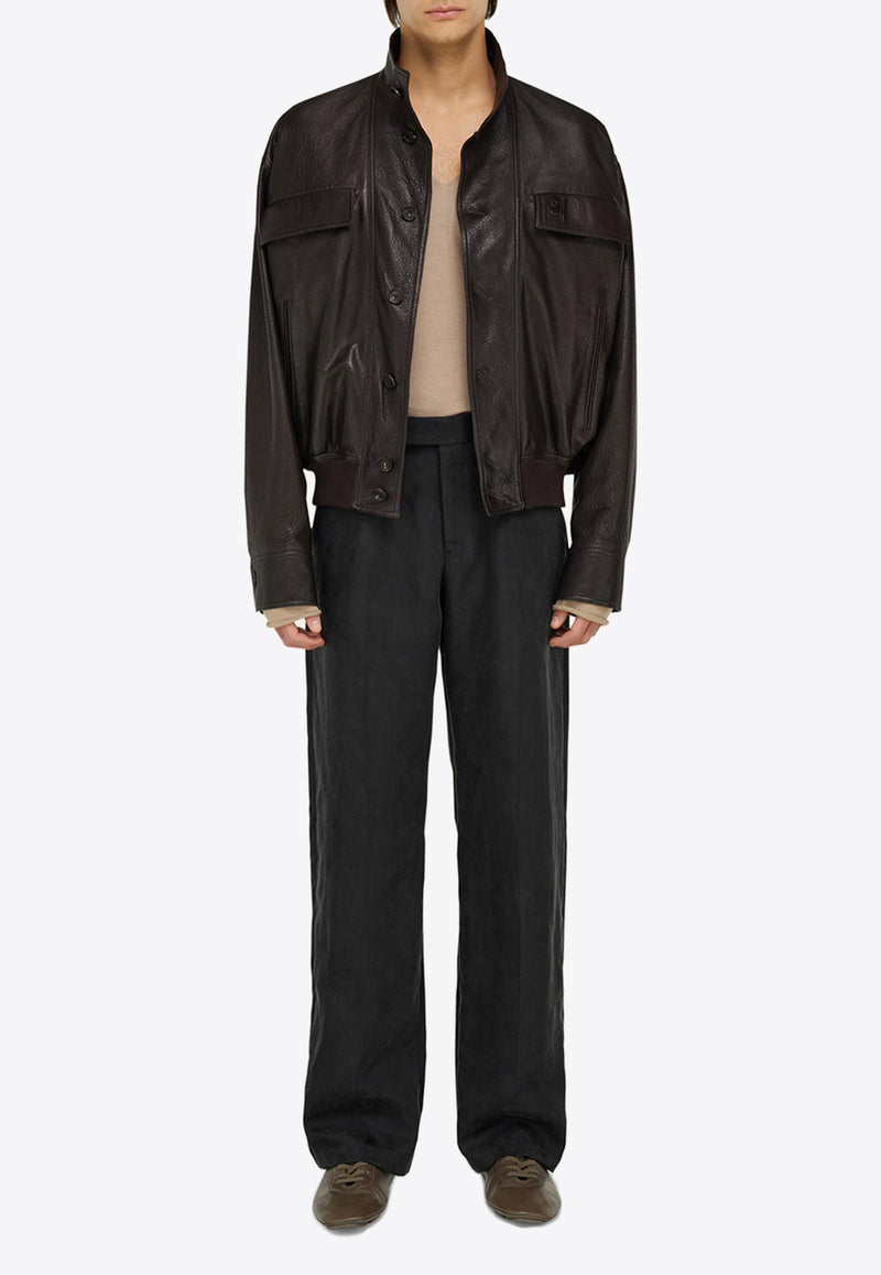 Ferragamo High-Neck Grained Leather Jacket Dark Brown 144494 B 783255 DARK BROWN