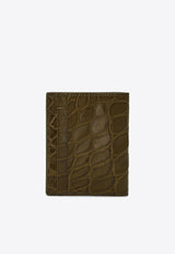 Ferragamo Gancini Croc-Embossed Leather Cardholder Green 661452 MICRO GANCIO 779916 NEW OLIVE