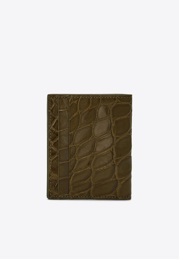 Ferragamo Gancini Croc-Embossed Leather Cardholder Green 661452 MICRO GANCIO 779916 NEW OLIVE