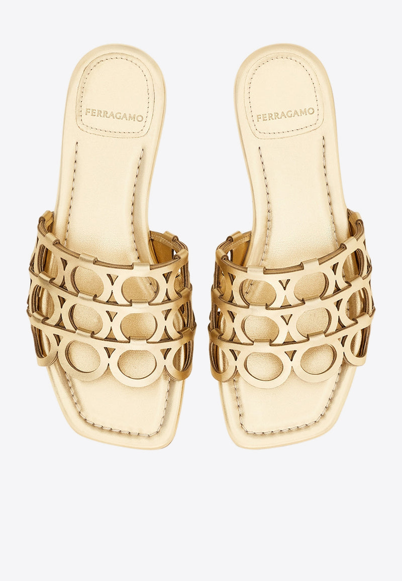 Ferragamo Erne Gancini Leather Slides 01J840 ERNE 782519 MVITLAMINATOMEKONG Gold