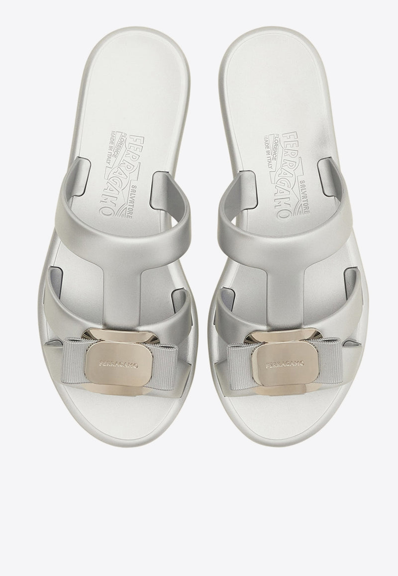 Ferragamo Lilou Vara Bow Slides 01J325 LILOU 779980 SILVER Silver