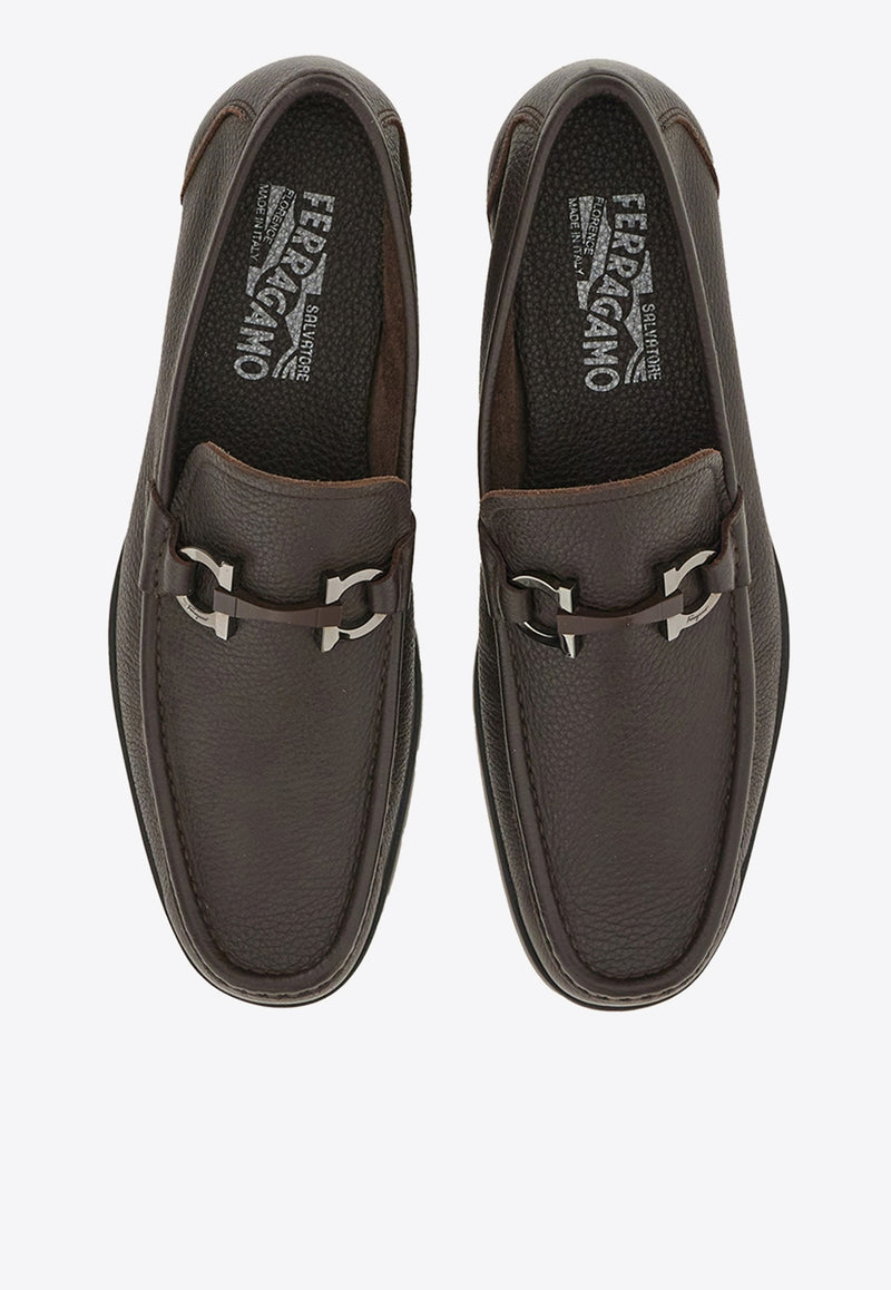 Ferragamo Grandioso Gancini Leather Loafers 029392 GRANDIOSO 642847 HICKORY Brown