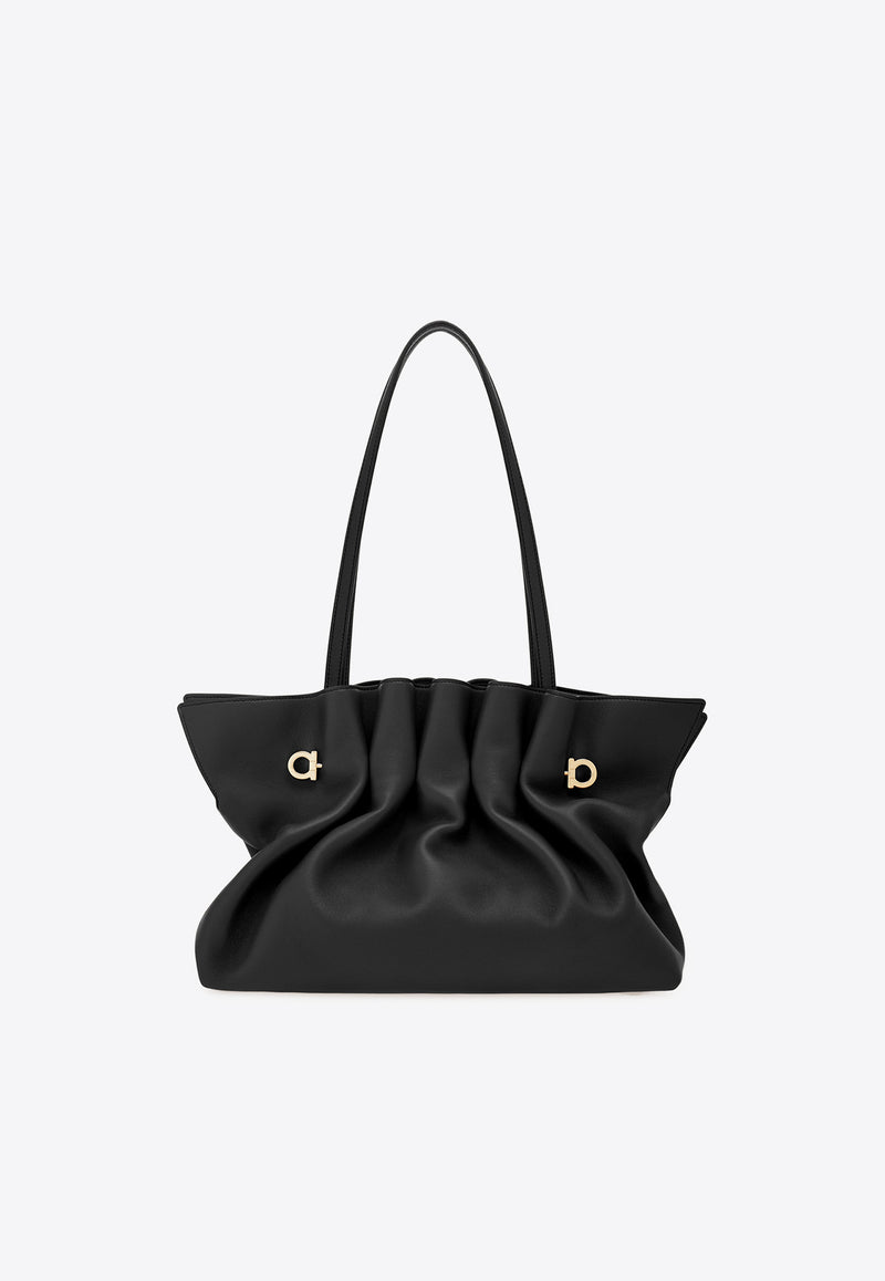 Ferragamo Medium Pleated Nappa Leather Shoulder Bag Black 219960 SOFT SH M 783286 NERO