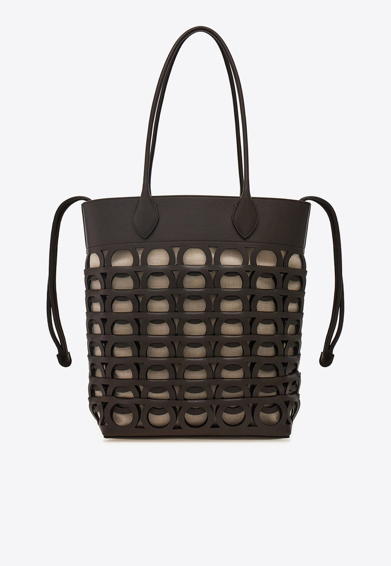 Ferragamo Medium Gancini Leather Tote Bag Dark Brown 21A012 TOTE GANCI M 783298 TESTA DI M