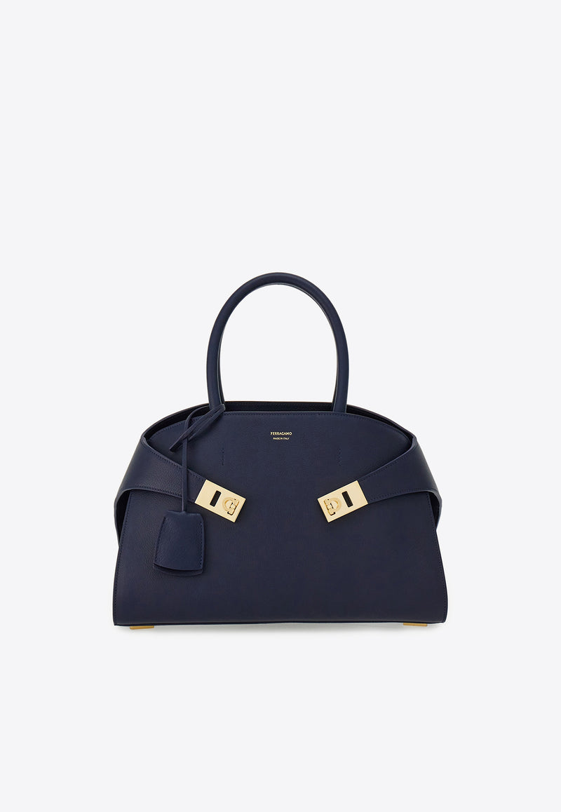 Ferragamo Medium Hug Leather Top Handle Bag Midnight Blue 215608 HUG TH S 766762 MIDNIGHT