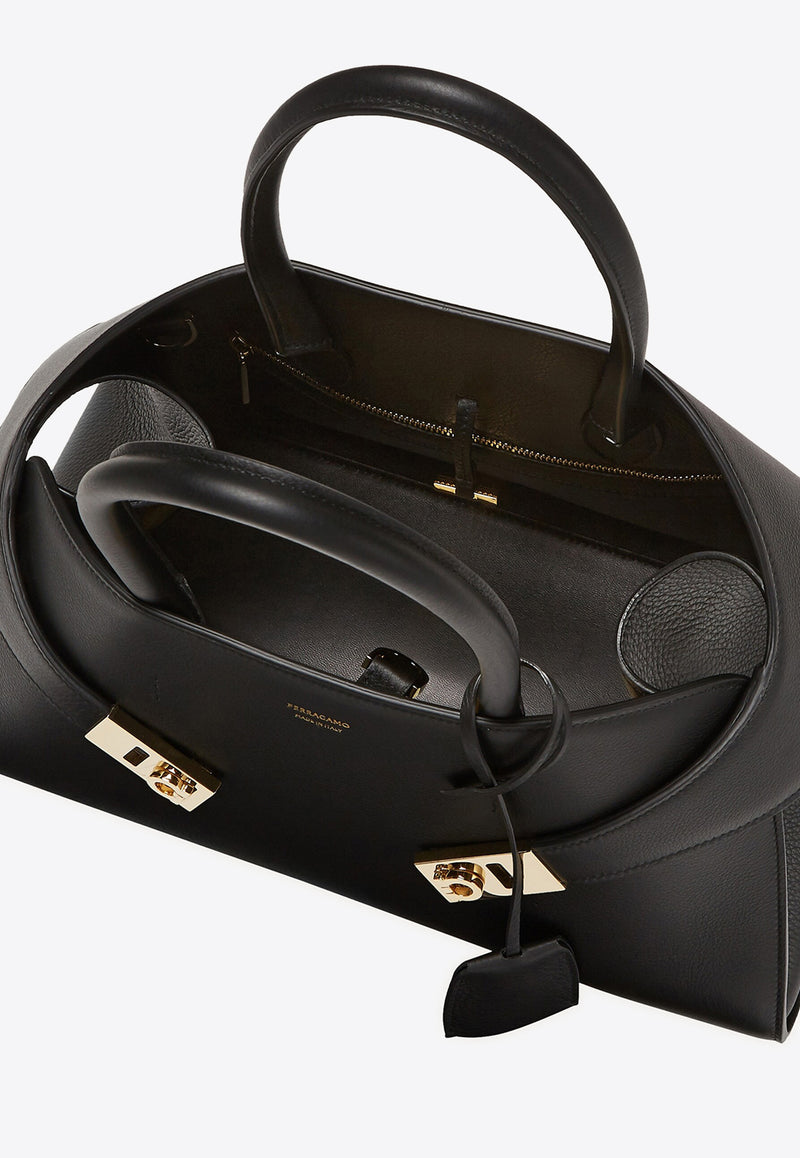 Ferragamo Medium Hug Leather Top Handle Bag Black 215608 HUG TH S 766758 NERO