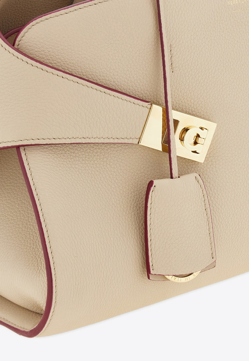 Ferragamo Medium Hug Leather Top Handle Bag Beige 215608 HUG TH S 779053 STONE