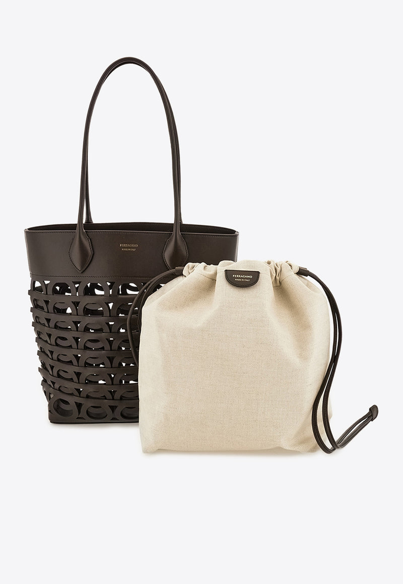 Ferragamo Medium Gancini Leather Tote Bag Dark Brown 21A012 TOTE GANCI M 783298 TESTA DI M