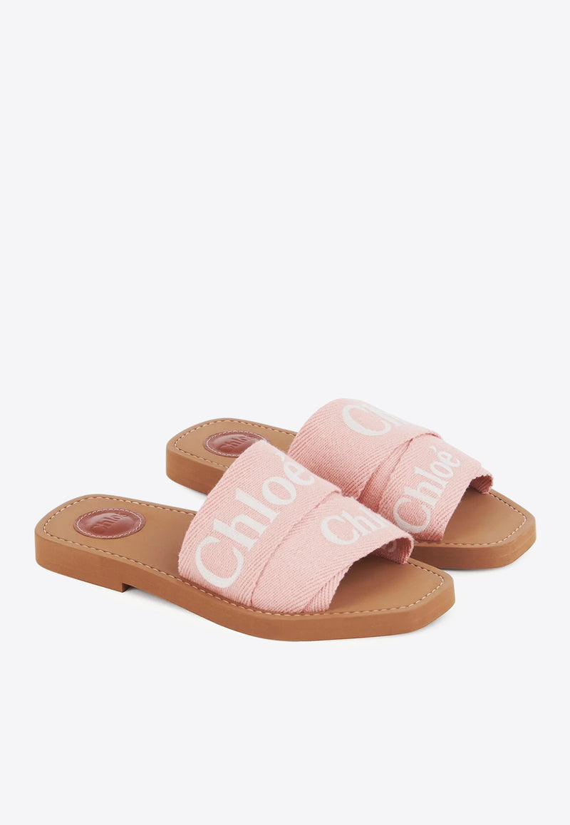 Chloé Woody Logo Embroidered Flat Slides Pink CHC23U188EF6K5 Light Rosewood
