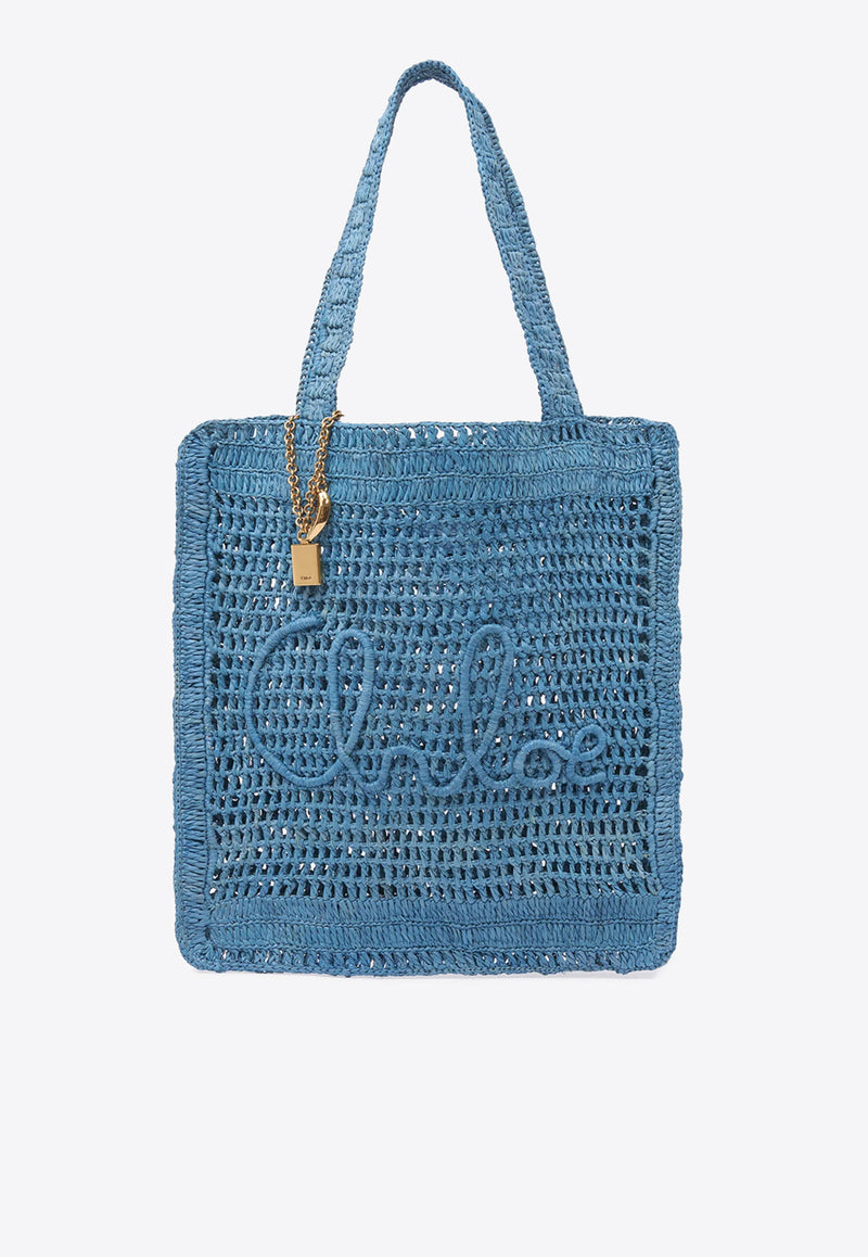 Chloé Summer Banana Woven-Raffia Tote Bag Blue CH25US901P0841I STORMY SEA
