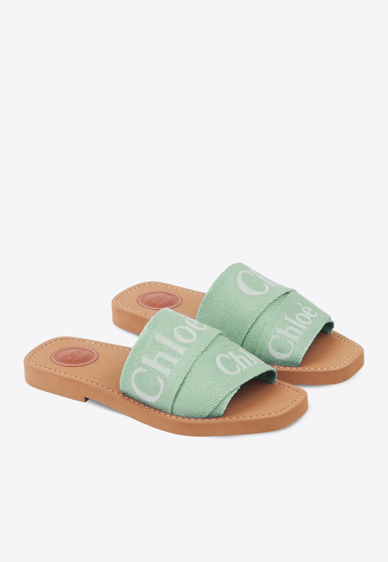 Chloé Woody Logo Embroidered Flat Slides Green CHC23U188EF33B Spearmint