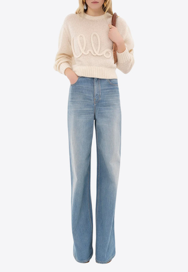 Chloé Logo Embroidered Alpaca Blend Sweater Cream CH25UMP27740107 Iconic Milk