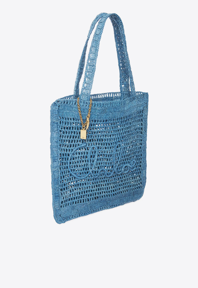 Chloé Summer Banana Woven-Raffia Tote Bag Blue CH25US901P0841I STORMY SEA