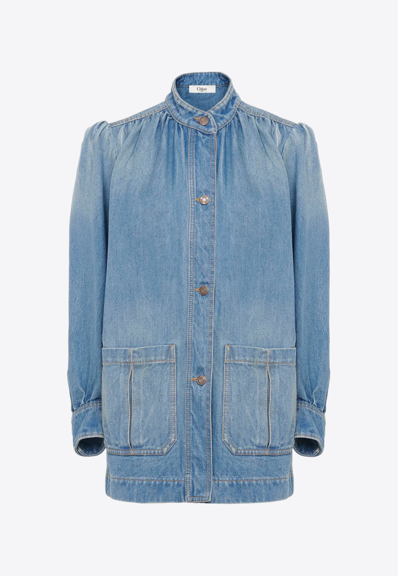 Chloé High-Neck Button Up Denim Jacket Blue CH25UDV0215144N Iced Blue
