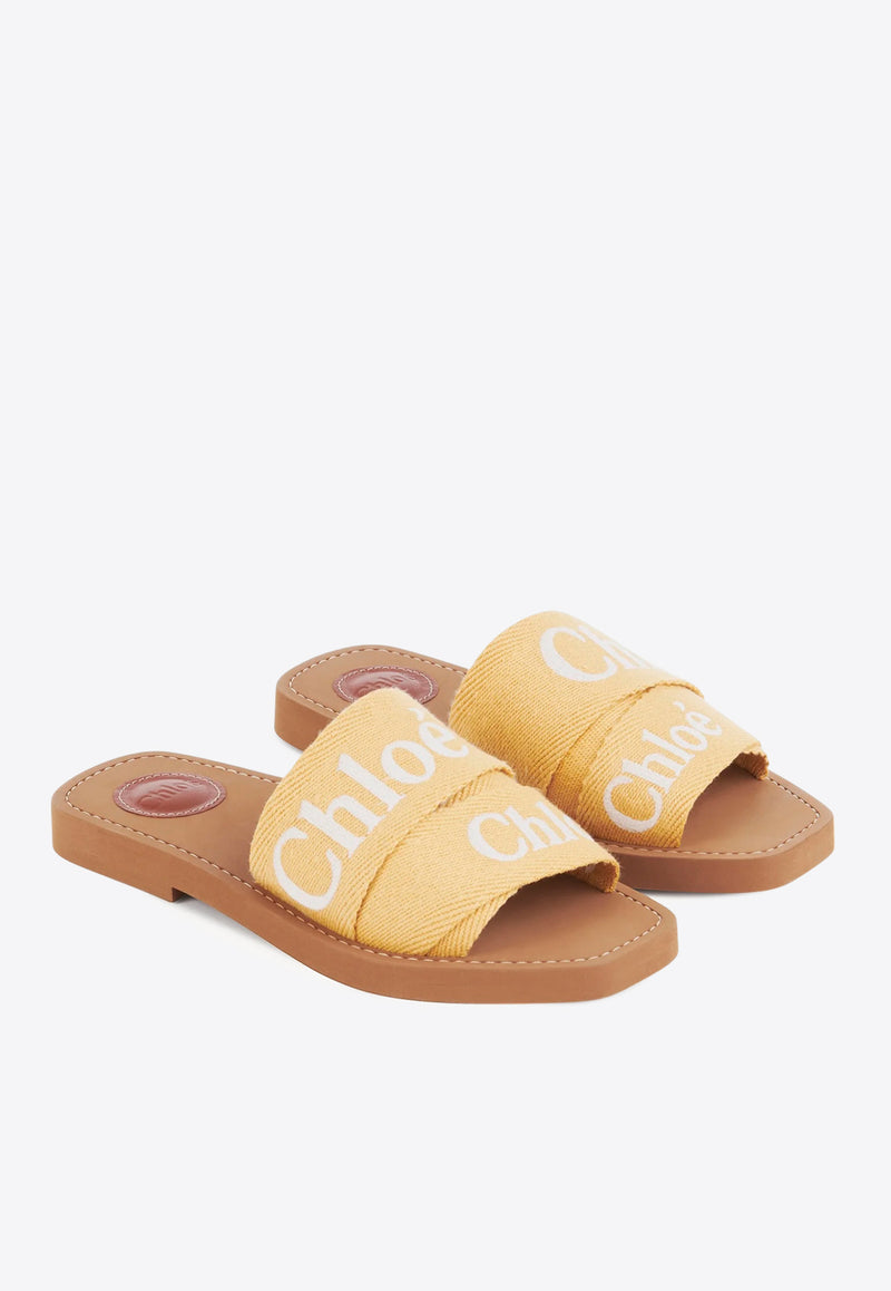 Chloé Woody Logo Embroidered Flat Slides Yellow CHC23U188EF224 Light Ochre