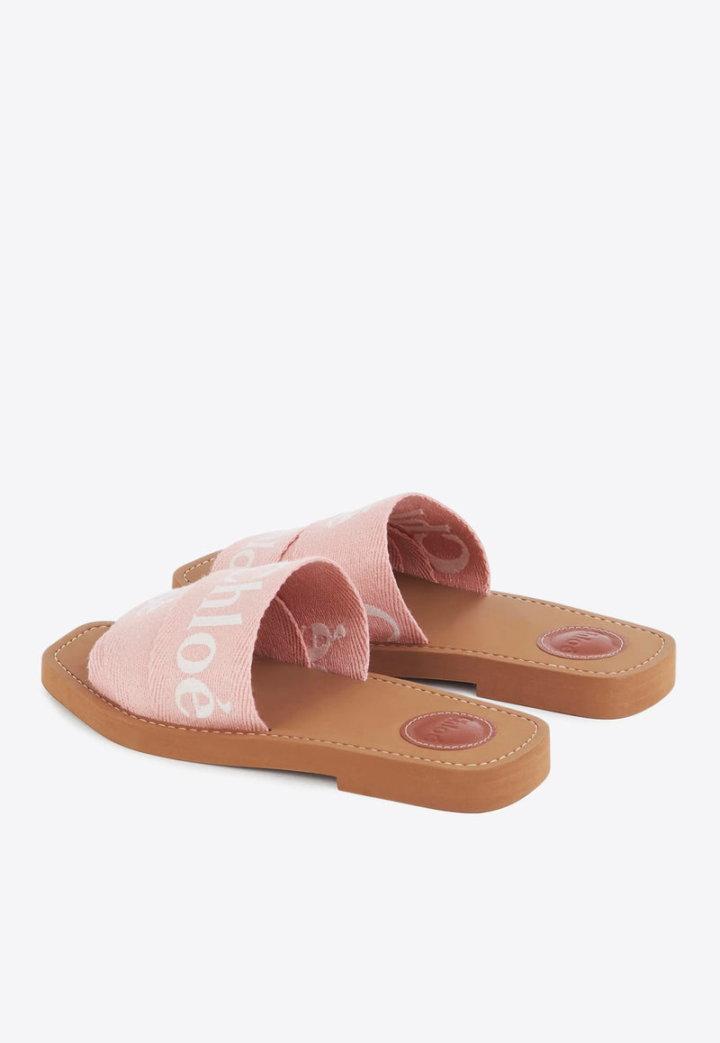 Chloé Woody Logo Embroidered Flat Slides Pink CHC23U188EF6K5 Light Rosewood