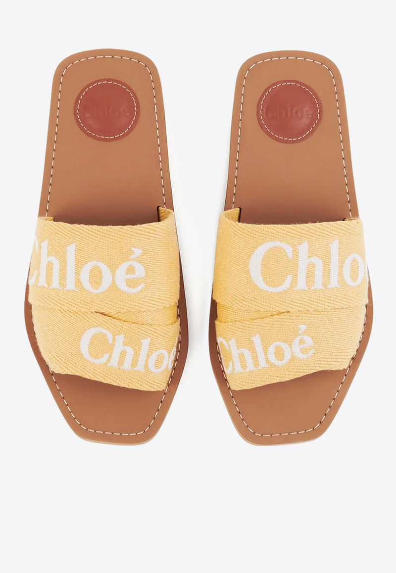 Chloé Woody Logo Embroidered Flat Slides Yellow CHC23U188EF224 Light Ochre