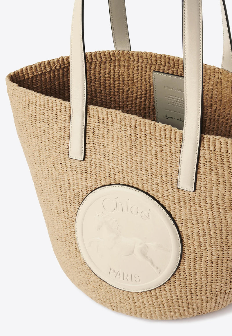 Chloé Large Horse Medal Woven Basket Bag Ivory CHC25SS591O8222J Deep Ivory
