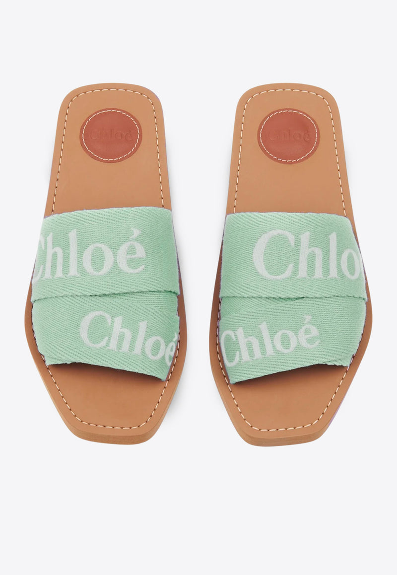 Chloé Woody Logo Embroidered Flat Slides Green CHC23U188EF33B Spearmint