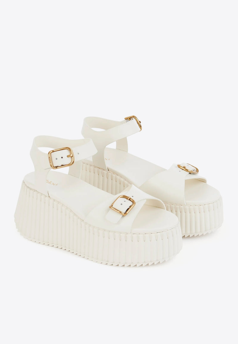 Chloé Nama 80 Leather Wedge Sandals White CHC25U10PLU122 Eggshell