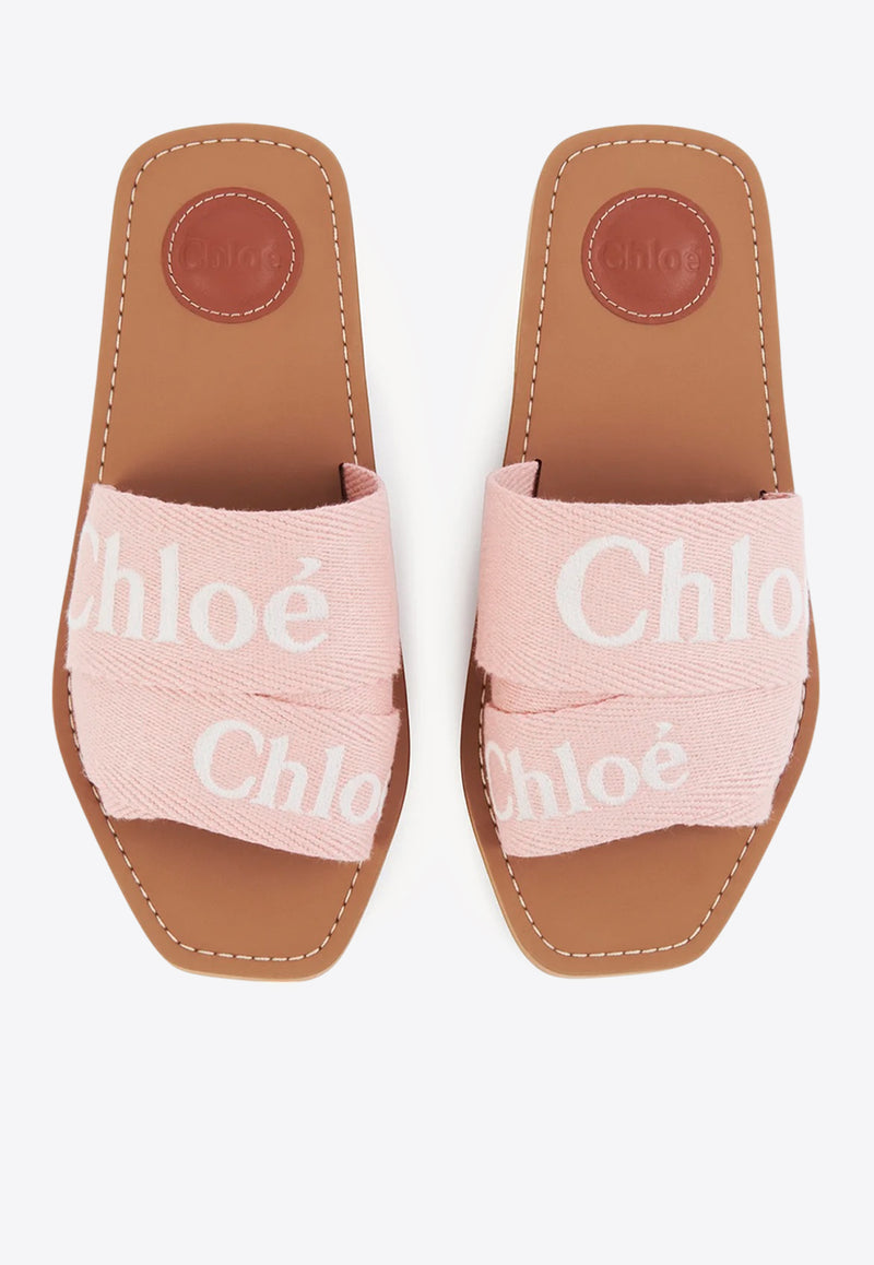Chloé Woody Logo Embroidered Flat Slides Pink CHC23U188EF6K5 Light Rosewood