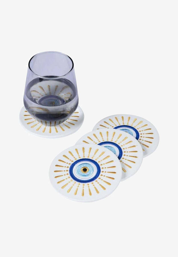 Embroidered Sunny Eye Leather Coasters - Set of 4 White