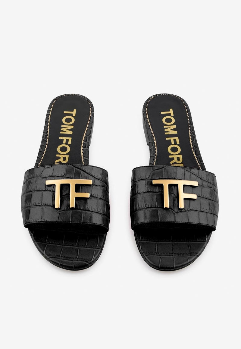 Tom Ford TF Slides in Croc Embossed Leather W3216-LCL125G 1N001 Black