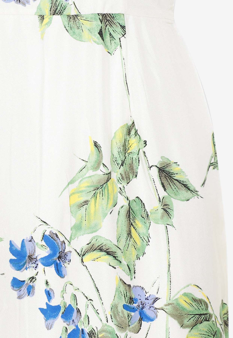 فستان ميدي مزين بالزهور بأكمام قصيرة مصنوع من مزيج الحرير