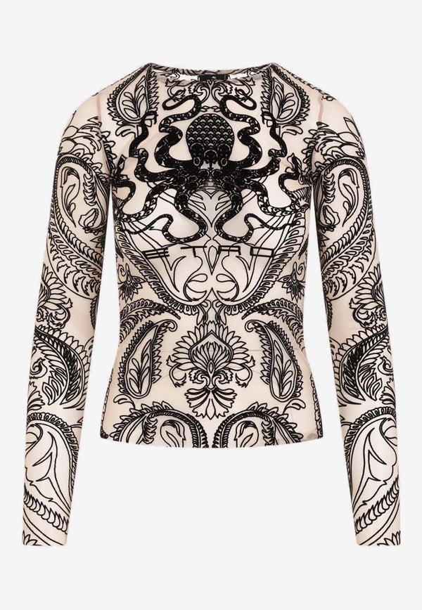 Printed Tulle Long-Sleeved Tops