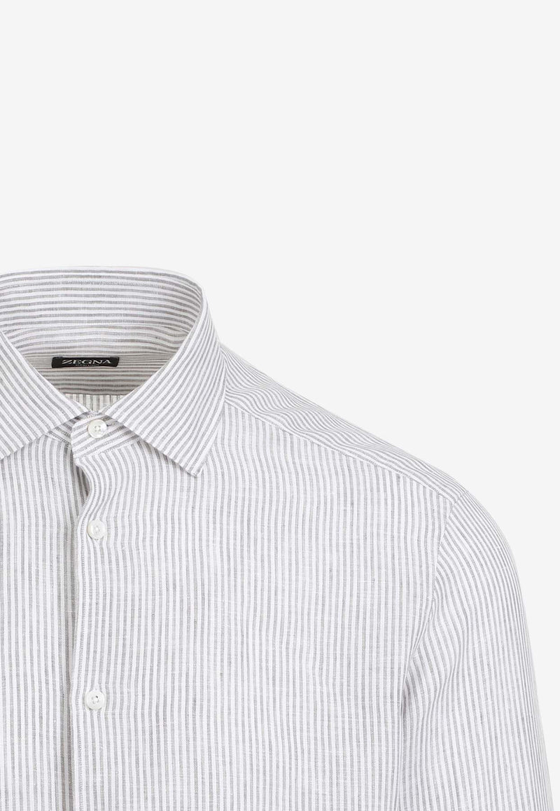 Long-Sleeved Linen Striped Shirt