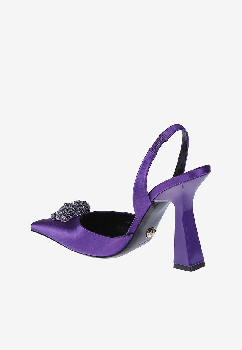 Versace 80 Crystal Embellished Medusa Slingback Pumps in Satin 1001207 1A00619 1LA70 Purple