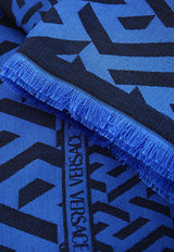 Versace La Greca Jacquard Shawl in Wool and Silk Blue 1001599 1A04560 5B640