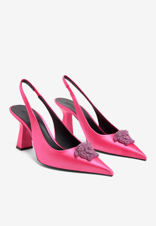 Versace 80 Crystal Embellished Medusa Slingback Pumps in Satin 1002388 1A00619 1PM60 Pink