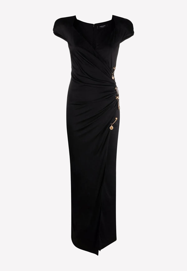 Versace Safety Pin Draped Maxi Dress 1003564 1A00572 1B000 Black