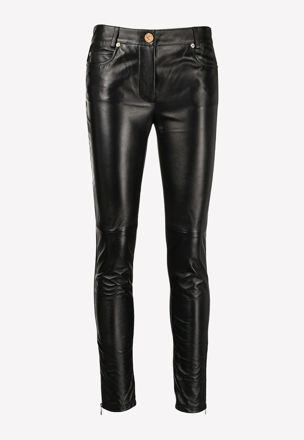 Versace La Greca Skinny Leather Pants 1004019 1A02927 1B000 Black