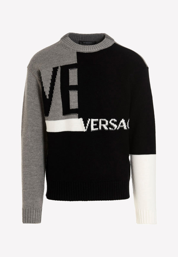 Versace Logo Print Color-Block Knitted Sweater in Wool 1005715 1A04088 2B070 Multicolor