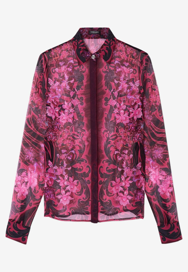 Versace Orchid Barocco Print Sheer Silk Shirt 1008228 1A07392 5BA50 Multicolor